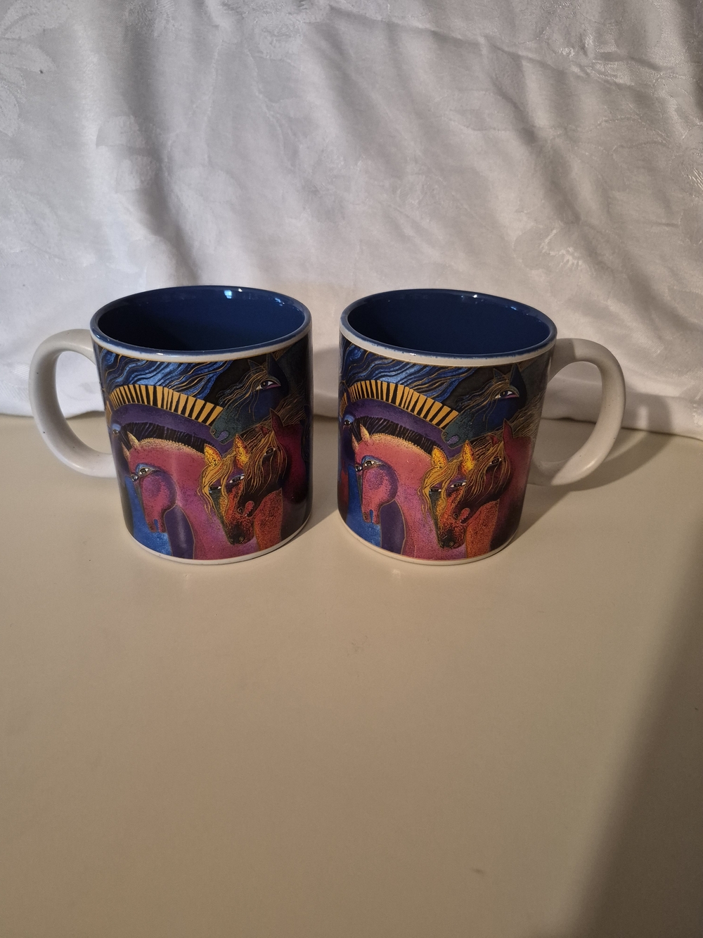 Laurel Burch Multicolor Horse Mugs with Blue Interior (Pair)